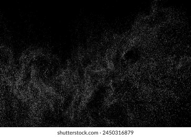 White splash texture overlay. Vector wave on black background. Light pattern textured. Abstract grain noise. Water realistic effect. Illustration, EPS 10.
