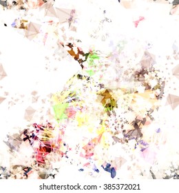 White with splashes seamless pattern of triangles. Vector. The effect of spring grass growing out of the snow. Stains and scratches. Blur effect and watercolor