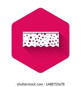White Sponge with bubbles icon isolated with long shadow. Wisp of bast for washing dishes. Cleaning service logo. Pink hexagon button. Vector Illustration