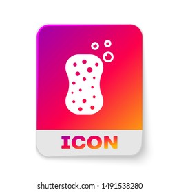 White Sponge with bubbles icon isolated on white background. Wisp of bast for washing dishes. Cleaning service logo. Rectangle color button. Vector Illustration