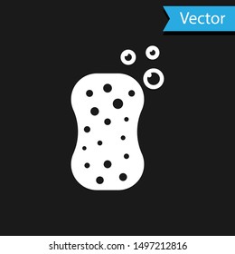 White Sponge with bubbles icon isolated on black background. Wisp of bast for washing dishes. Cleaning service logo.  Vector Illustration