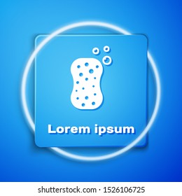 White Sponge with bubbles icon isolated on blue background. Wisp of bast for washing dishes. Cleaning service logo. Blue square button. Vector Illustration