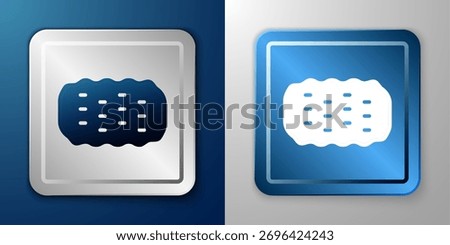 White Sponge icon isolated on blue and grey background. Wisp of bast for washing dishes. Cleaning service logo. Silver and blue square button. Vector