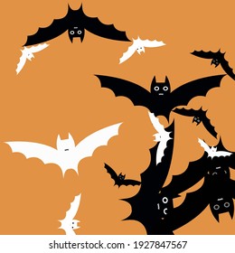 White Spooky Black Light Modern Style Simple Art. Chaos Grey Attack Orange Halloween Art Illustration. Retro Motion Scary Bats Vector Design Pic. Faces Creepy Print Funny Flying Bats Art Pattern.