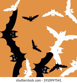 White Spooky Creepy Faces Halloween Modern Design. Retro Light Funny Attack Art Flying Bats Fabrics. Grey Black Scary Print Modern Style Simple Art. Orange Chaos Motion Bats Vector Background.