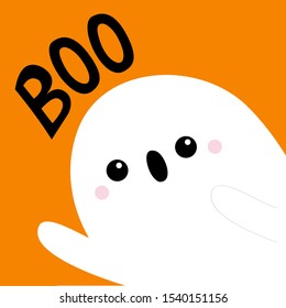 White spooky ghost spirit in the corner. Boo text. Happy Halloween. Cute cartoon scary character. Face, hands. Orange background. Greeting card. Flat design. Vector illustration