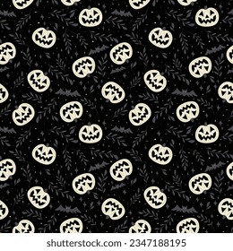 White spooky pumpkins and bats on black background. Seamless pattern for Halloween