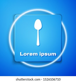 White Spoon icon isolated on blue background. Cooking utensil. Cutlery sign. Blue square button. Vector Illustration