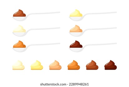 White spoons with yogurt, ice cream, cheese sauce, butter, caramel, milk and dark chocolate. Vector flat icons of mayonnaise, sour, peanut and ghee butter, custard, banana, apple puree