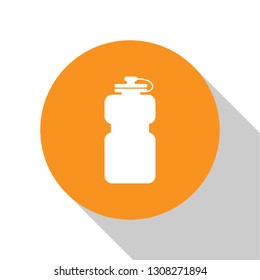 White Sport bottle with water icon isolated on white background. Orange circle button. Flat design. Vector Illustration