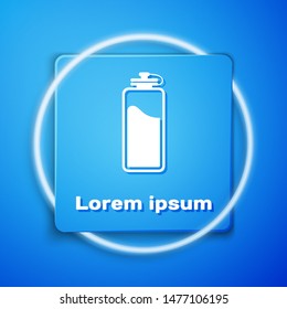 White Sport bottle with water icon isolated on blue background. Blue square button. Vector Illustration