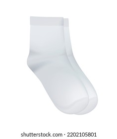 White sport classic socks. Middle length. Empty Mockup for product design and branding. Unisex template. For women, men and children. Vector realistic illustration.