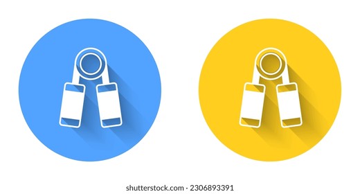 White Sport expander icon isolated with long shadow background. Sport equipment. Circle button. Vector