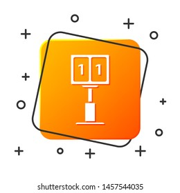 White Sport football mechanical scoreboard and result display icon isolated on white background. Orange square button. Vector Illustration