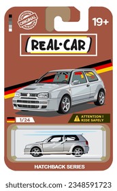 White Sport Hatchback Car in Brown Packaging. Editable Design of Car Series, Presented in the Form of Toy Boxes with Realistic Car Details. Perfect for Collectors or Collectible Items.