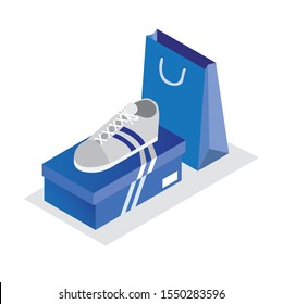 white sport shoes with blue box and shopping bag isometric illustration editable vector 