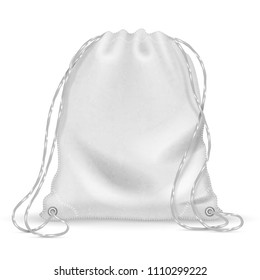 White sports backpack, backpacker cloth bag with drawstrings. Isolated vector template. Accessory knapsack for backpacking, sport rucksack drawstring illustration