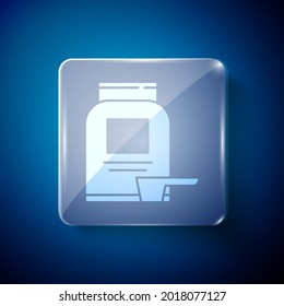 White Sports nutrition bodybuilding proteine power drink and food icon isolated on blue background. Square glass panels. Vector