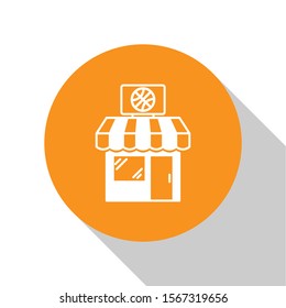 White Sports shop and basketball ball icon isolated on white background. Sport store. Orange circle button. Vector Illustration