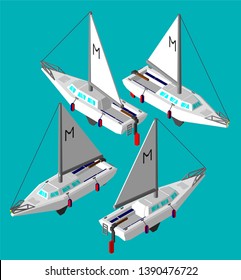 White sports yacht with one mast and sail. 4 views from different sides. Light from a separate unchanged side. 3d isometry.