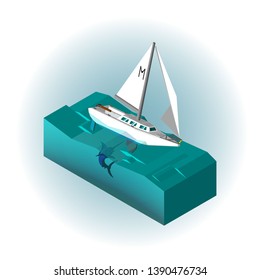 White sports yacht with one and two sails. Going at full speed, on the waves. The sails are swollen, the yacht is in the slope. Under the yacht is a swordfish. Composition. 3d isometry