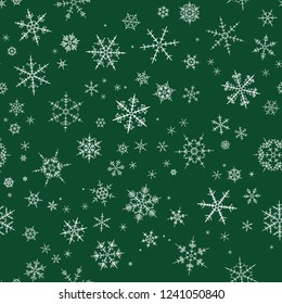 White spot snow flake tracery seamless pattern on green. Abstract geometric texture background vector illustration. Winter xmas new year ornament for prints, package, wrapping paper, greeting card