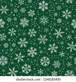 White spot snow flake tracery seamless pattern on green. Abstract geometric texture background vector illustration. Winter xmas new year ornament for prints, package, wrapping paper, greeting card