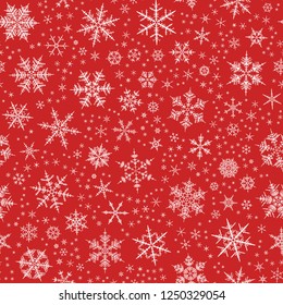 White spot snow flake tracery seamless pattern on red. Abstract geometric texture background vector illustration. Winter xmas new year ornament for prints, package, wrapping paper, greeting card
