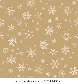 White spot snow flake tracery seamless pattern on light gold. Abstract geometric texture background vector illustration. Winter xmas new year ornament for cover, package, wrapping paper, greeting card