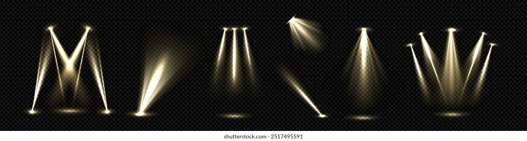 White spotlight beam with overlay effect to illuminate stage or product podium. Realistic 3d vector set of scene projector light ray on transparent background for winner award and presentation.
