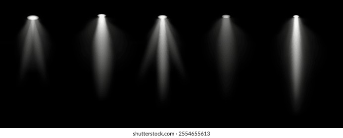 White spotlight set. Multiple focused beams, ceiling-mounted lighting, bright white glow, stage illumination, modern lighting design, minimalistic decor, professional setup