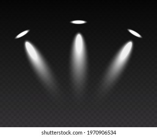 White spotlights, white beam of lighting from projector or stage lamps over dark background. Festive illumination for holiday event, party or ceremony. 3d vector illustration