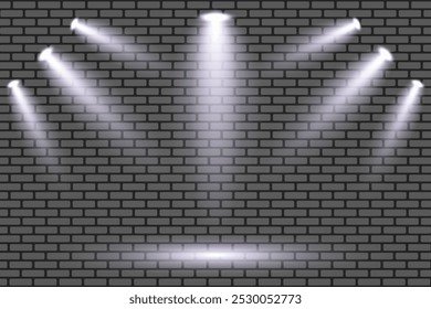 Luzes brancas. Iluminação brilhante com holofotes. Parede cinza de tijolo. Efeito de luz. Ilustração vetorial.