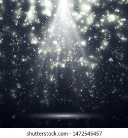 White spotlights. Light Effects. Realistic falling snowflakes. Bright white flashes and glares. Bright rays of light. Glowing lines. Vector illustration.