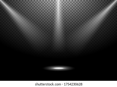 White spotlights. Light Effects. Realistic falling snowflakes. Vector illustration