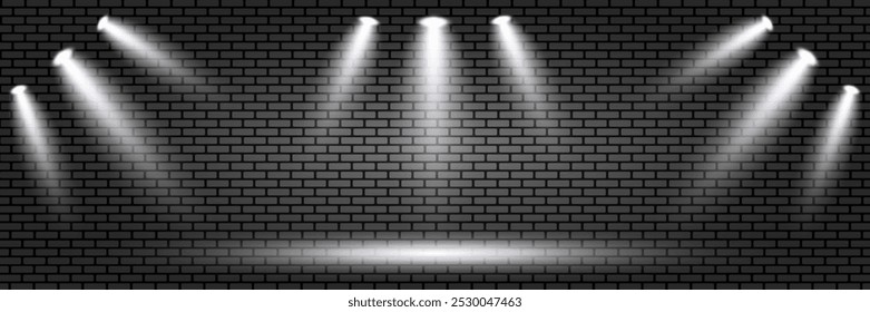 Focos blancos sobre un fondo de ladrillo gris para escenarios, conciertos, publicidad. Iluminación brillante con focos en una pared de ladrillo. Efecto de destello ligero.