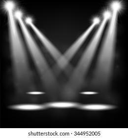 White spotlights shining in dark place background