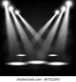 White spotlights shining in dark place background