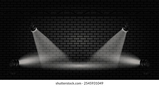 Proyectores blancos. Efecto de luz. Iluminación brillante de la etapa. Fondo de ladrillo. Ilustración vectorial.