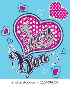 White spotted colorful heart with around shapes and text on blue background. Vector illustration.