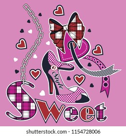 White spotted court shoe with around ribbon, heart, chain and fabric patterned text. Vector illustration.