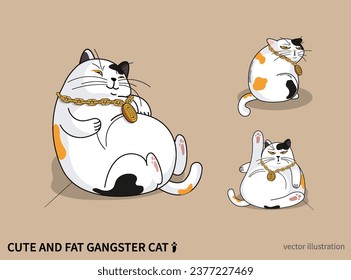 A white spotted fat cat with a cute expression wearing a Bitcoin necklace. 
2D Vector Illustrations.