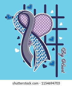 White spotted pink and blue heart with around lines and text. Vector illustration.