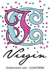 White spotted pink shape and line patterned blue shape with around colorful points,stars,hearts and text. Vector illustration.