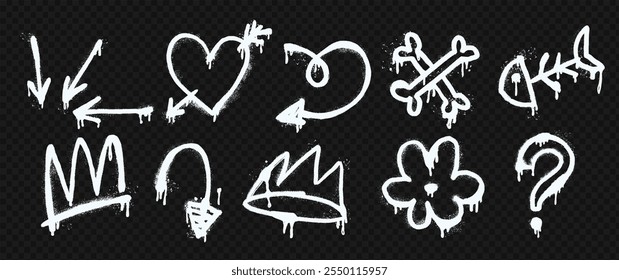 White spray art set vector with arrows, heart, flower, question mark, fish skeleton, and crown elements. Grunge background featuring splatter, drips.