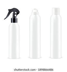 White Spray Bottle. Aerosol Deodorant Cosmetic Mockup. Aluminum Air Freshener. Pistol Sprayer Container With Trigger, Cylinder Toilet Refresher Tin. Cleaner Pistol Spray Mock Up