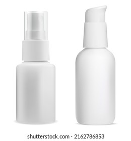 White spray container. Pump bottle mockup pack. Plastic cosmetic product package. Face or hair mist aerosol template, skin care gel packaging sample. Bathroom hygiene lotion