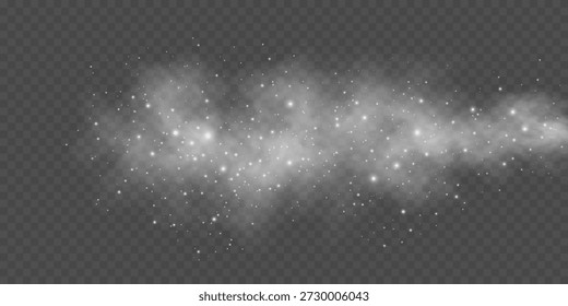 Aerosol blanco con efecto de polvo brillante sobre un fondo transparente. Elemento de atmósfera para superponer sobre Imágenes, bellezas o efectos visuales de Clima. Ilustración vectorial.