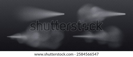 White spray mist collection - transparent water fog streams with tiny droplets, dust particles floating in air. Realistic 3d vapor effect on dark transparent background for beauty cosmetic design.