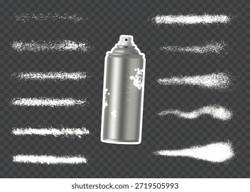 Weiße Sprühfarbe spritzt, tropft und Aerosoldose auf transparentem, kariertem Hintergrund. Konzept der Graffiti-Kunst und Straßenmalerei